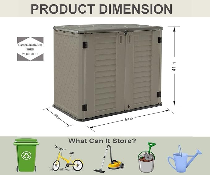 HOMSPARK Storage Shed Weather Resistance, Multi-Purpose Outdoor Storage Cabinet for Backyards and Patios, Horizontal Storage Shed for Lawnmower, Patio Accessories (Coffee, Large - 26 cu.ft)-VerdiqueGarden
