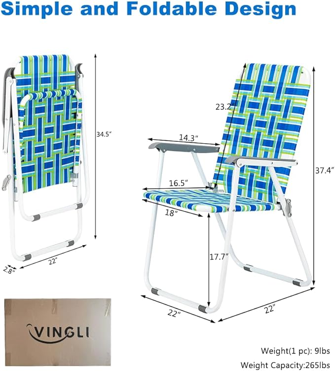 VINGLI Patio Lawn Webbed Folding Chairs 1 Piece, Outdoor Beach Chair Portable Dining Chair for Outdoor Yard, Garden (Blue, Classic)-VerdiqueGarden