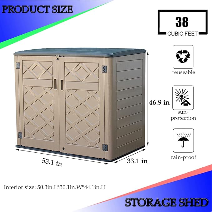 Large Horizontal Storage Sheds,38 cu.ft Resin Garden Shed Weather Resistance,Outdoor Storage Box Lockable for Patio,Backyard,Garden,Home(Brown)-VerdiqueGarden