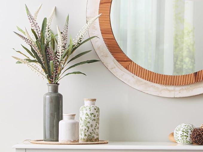 Vintage Vase Set of 3, Ceramic Vintage Flower Vases, Chinoiserie Decorative Home Decor Retro Floral Vase Rustic Farmhouse Decor for Table Bookshelf Mantel Kitchen Living Room Office - Green and Beige-VerdiqueGarden