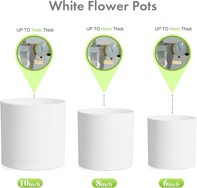 10/8/6 inch Deep Flower Pots, 3 Pack Cylinder Tall Plant Pots for Outdoor Indoor Plants, Large Decorative Plastic Planters with Drainage Holes and Saucers for Garden House Plants, White-VerdiqueGarden