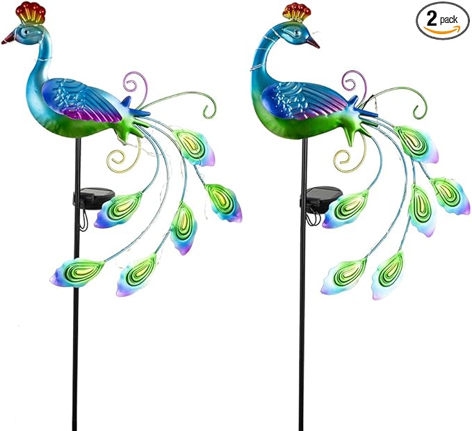 DREAMSOUL 2 Pack Peacock Solar Lights Outdoor Waterproof, Metal Outdoor Solar Lights for Yard Garden Peacock Decor-VerdiqueGarden