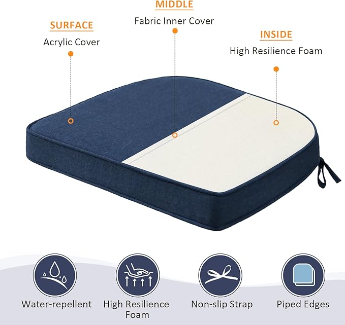 Sunbrella Round Corner Seat Cushions, 17" x 16" x 2", Set of 4, Indoor Outdoor Water Repellent Universal Chair Pads with Ties for Patio Furniture, Garden Dining Chairs, Specrtum Indigo-VerdiqueGarden