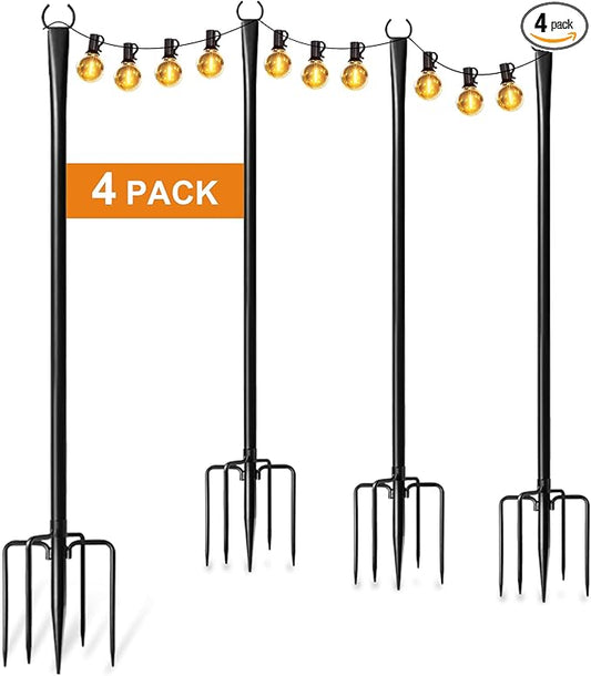 4 Pack String Light Poles for Outside, Thickened Metal Lights Hanger Pole Outdoor with Fork, Lighting Hanging Post Accessories for Patio Decor Garden Backyard Yard Front Porch Outside Decorations-VerdiqueGarden