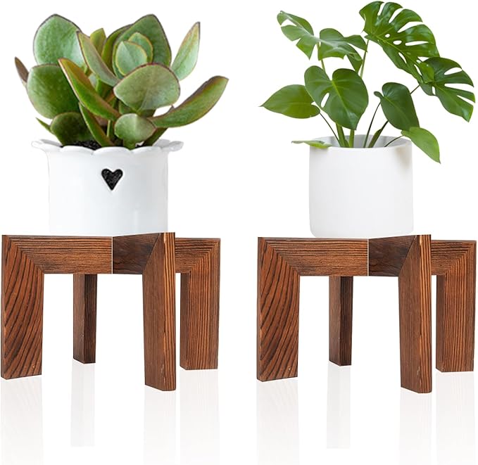 HPC DECOR 2 Pack Wood Plant Stand-Mid Century Modern Planter Stands-Wooden Flower Pot Stands Riser,Low Short Plant Stands Indoor-Modern Minimalist Wooden Stool for Plant Pot Holder, Fit 5-15 Inch Pot.-VerdiqueGarden