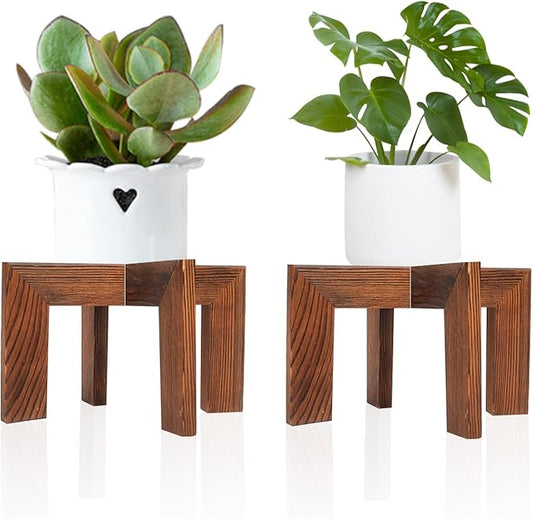 HPC DECOR 2 Pack Wood Plant Stand-Mid Century Modern Planter Stands-Wooden Flower Pot Stands Riser,Low Short Plant Stands Indoor-Modern Minimalist Wooden Stool for Plant Pot Holder, Fit 5-15 Inch Pot.-VerdiqueGarden
