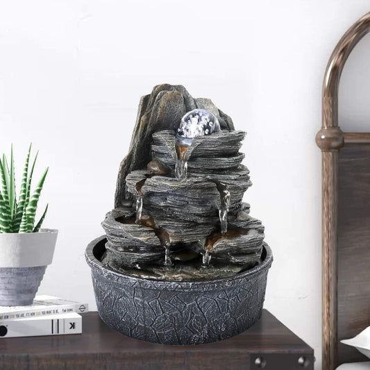 Rockery Indoor Water Fountain, Zen Meditation Tabletop Fountain with LED Lights & Crystal Ball for Home Office Bedroom 9 4/5"-VerdiqueGarden