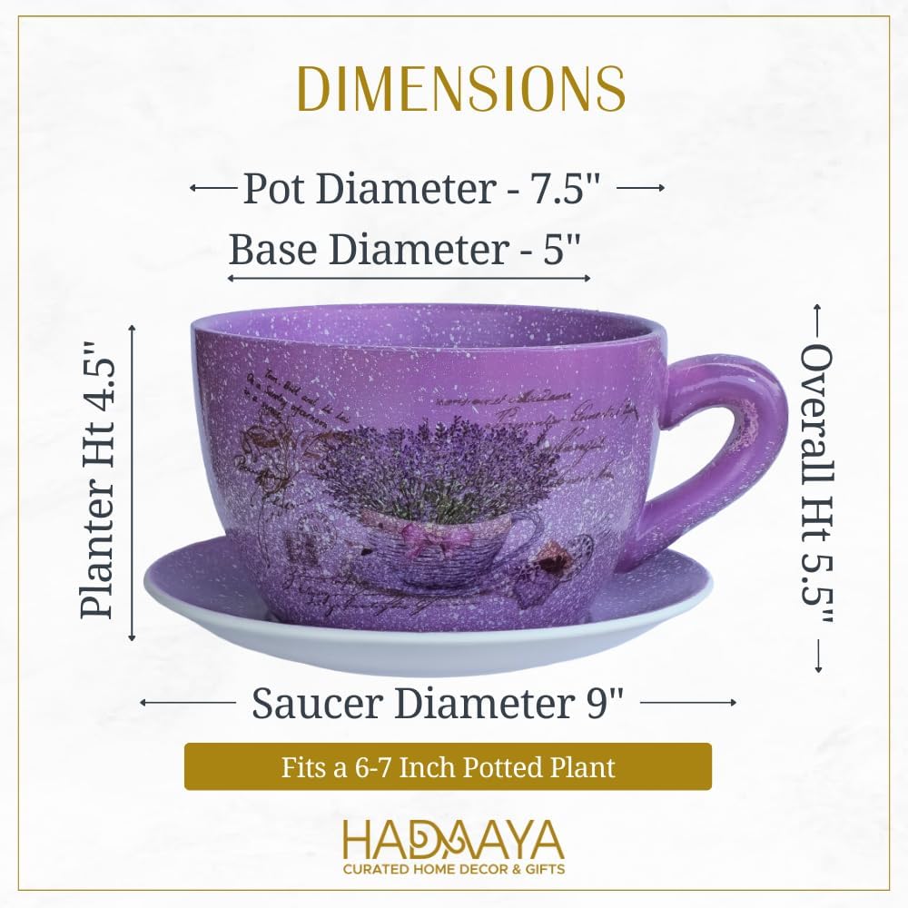 7.5” Round Ceramic Teacup Planter with Saucer – Purple Lavender Basket Design Pot for Succulents, Orchid, Herbs & Indoor/Outdoor Flowers for Birthday & Any Other Occasion-VerdiqueGarden