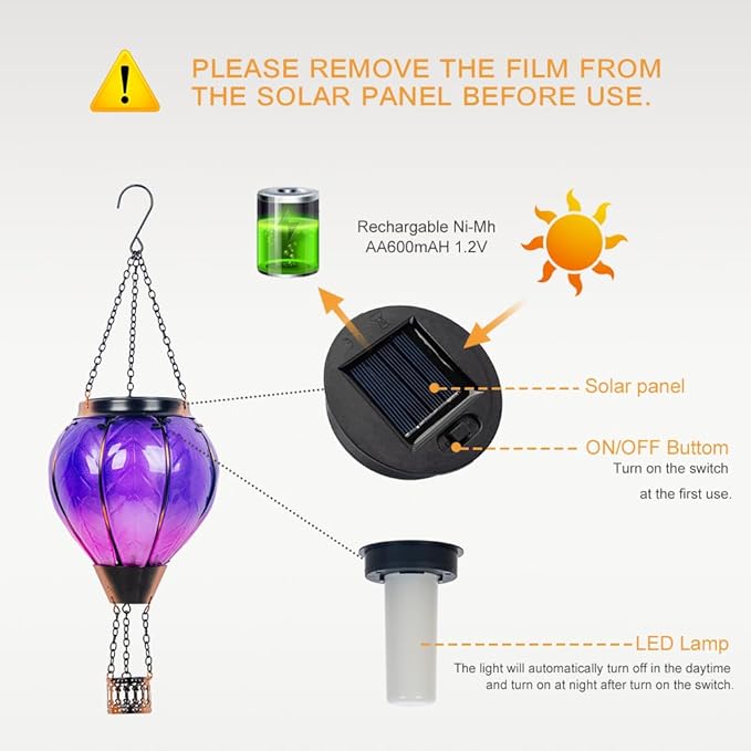 Starsoul Purple Hot Air Balloon Solar Lantern with Flickering Flame Light Glass Solar Powered Hot Air Balloon Lamp Waterproof Hanging Hot Air Balloon Led Lights-VerdiqueGarden