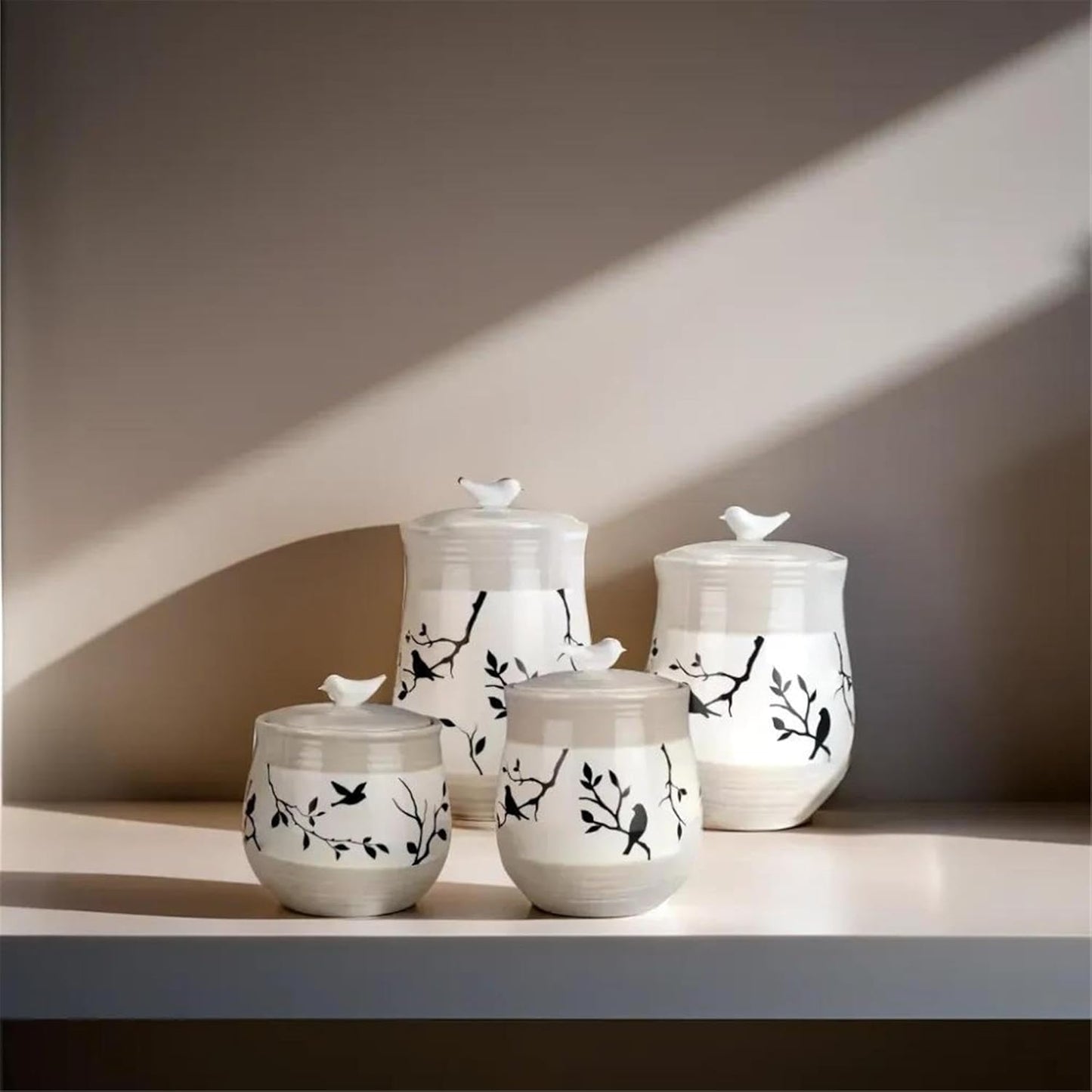 Young's Inc. 4 Pcs Set Botanical Ceramic Canisters- Storage Container for Kitchen and Bathroom - Beautiful Home Decor Accent to Store Food, Coffee, Tea, and More - Brown, White-VerdiqueGarden