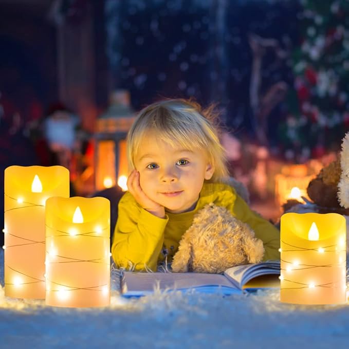 Flameless Flickering Candle, Pillar Candle,with Embedded String Lights,3 Pack LED Romantic Candle with Remote Control, Battery Operated Real Wax, Ideal for Wedding, Home decorand Holiday (Ivory)-VerdiqueGarden