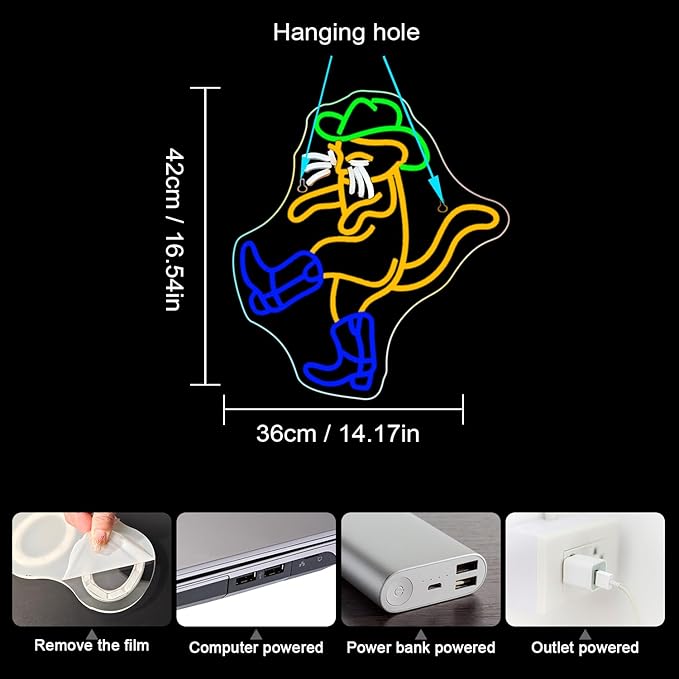 WLHOPE Cowboy Cat Neon Sign Neon Signs for Wall Decor Dimmable Cat Neon Lights Cowboy Hat Boot LED Sign for Bedroom Home Bar Club Party Western Decor-VerdiqueGarden