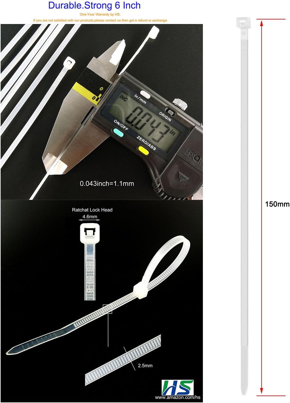 HS Clear Zip Ties 6 Inch Small (100 Pcs) 18 LBS Self Locking Zip Ties White Nylon Ties Thin,Strong and Durable-VerdiqueGarden