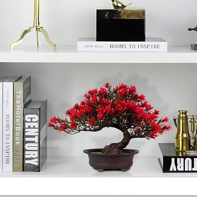 Fake Plants Plastic Artificial Bonsai Tree, Red Bonsai Tree for Home Bedroom Office Desk Farmhouse Room Decor, Tall 9.5"-VerdiqueGarden