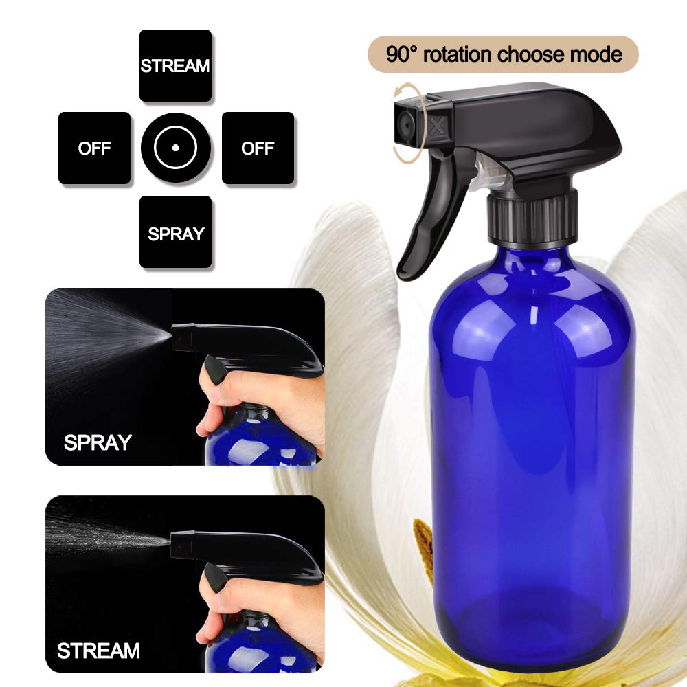 Glass Spray Bottle Kit×10 (2×16 oz, 2×4 oz, 6×2 oz), 9×10 ml Roller Bottles, Anti UV, Multi Size and Versatile, Suitable for Aromatherapy, Facial Moisturizing, Watering, etc.(Blue-VerdiqueGarden
