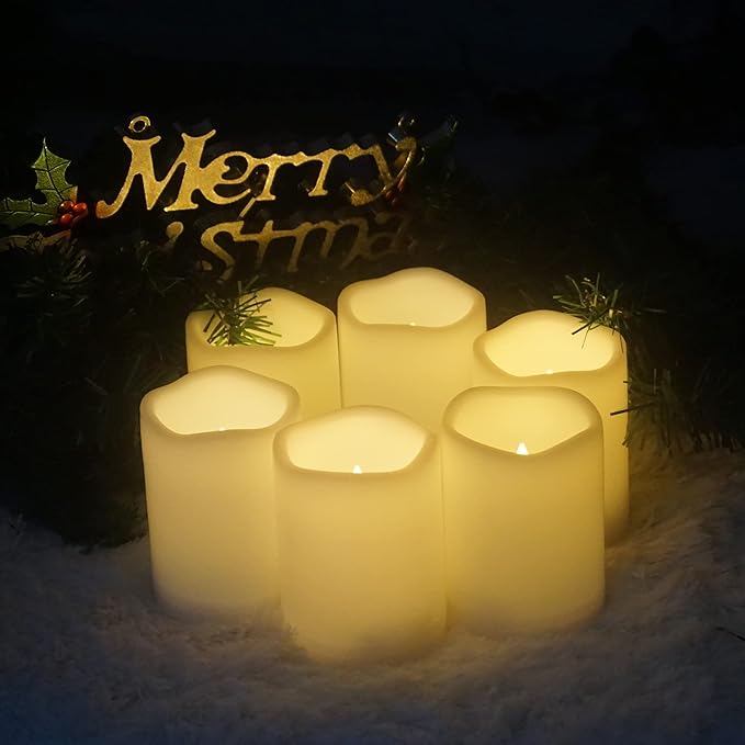 Waterproof Outdoor Battery Operated Flameless Pillar Candles with Timer White Plastic Realistic Flickering Fake Electric LED Lights for Lantern Garden Wedding Christmas Decorations 3”x4” 6 Pack-VerdiqueGarden