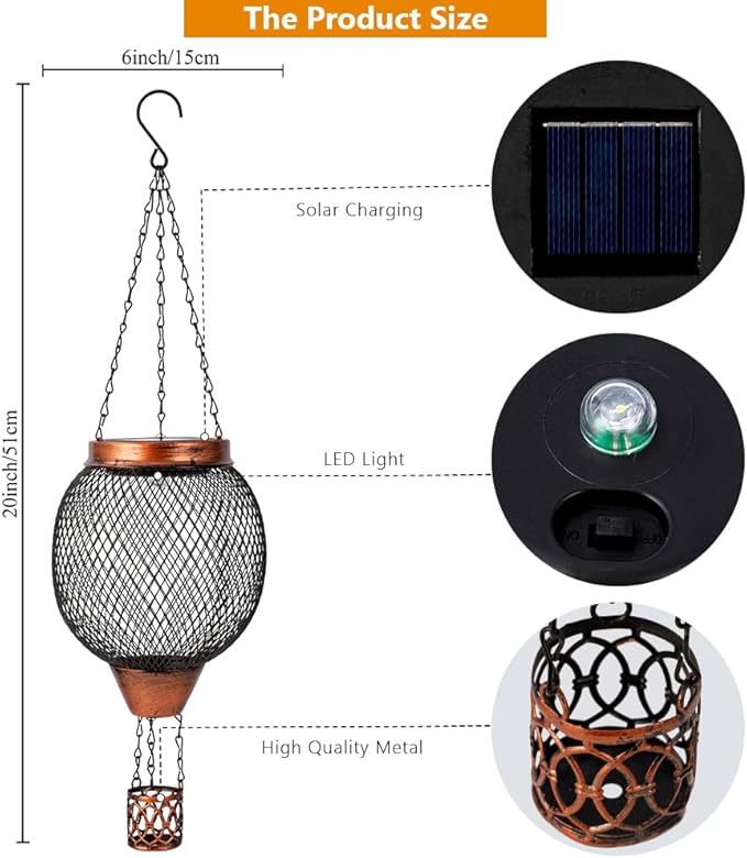 Starsoul 2 PC Cage Hot Air Balloon Solar Lantern with Flame Glass Outdoor Hanging Hot Air Balloon Solar Light Lamp Waterproof Garden Patio Yard Party Decorations-VerdiqueGarden