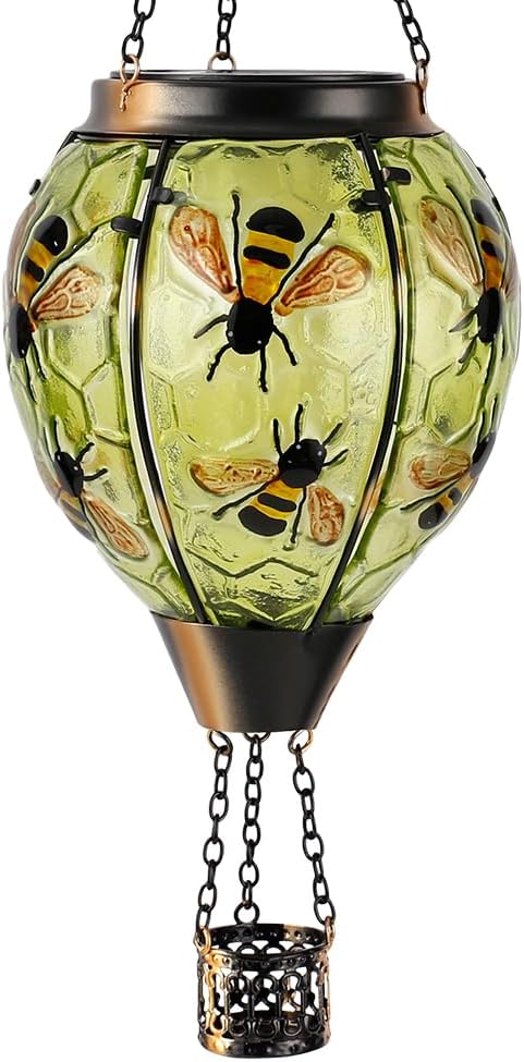 Starsoul Hot Air Balloon Solar Lantern Bee Glass Hanging Outdoor Hot Air Balloon Solar Flickering Flame Light Waterproof Garden Patio Yard Party Decorations-VerdiqueGarden