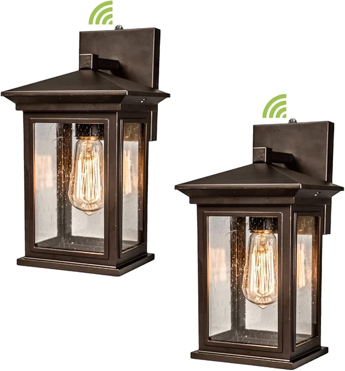 Dusk to Dawn Outdoor Wall Lantern, Exterior Wall Sconce Fixture with Tempered Clear Seeded Glass, Oil Rubbed Bronze (ORB) Finish for Outdoors (Medium Wall Mount - 2 Pack)-VerdiqueGarden