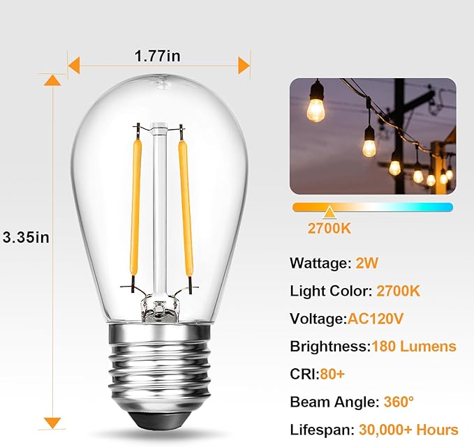 BRIMAX 25 Pack 2W S14 Replacement LED Bulbs,2700K Soft Warm White, Shatterproof Waterproof Outdoor String Light Bulbs Dimmable,E26 Medium Base,Plastic Edison Bulbs for Patio Garden-VerdiqueGarden