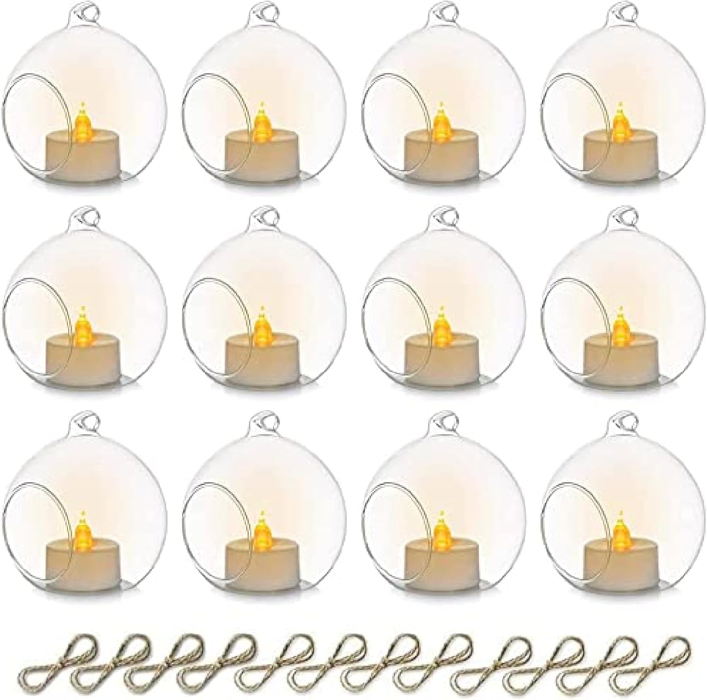Sziqiqi Hanging Glass Globes Orbs Tea Light Candle Holders with Flameless LED Tealight for Wedding Ornaments Wedding Birthday Christmas Party Centerpiece Accessory 3.15in 12pcs-VerdiqueGarden