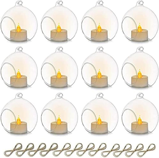 Sziqiqi Hanging Glass Globes Orbs Tea Light Candle Holders with Flameless LED Tealight for Wedding Ornaments Wedding Birthday Christmas Party Centerpiece Accessory 3.15in 12pcs-VerdiqueGarden