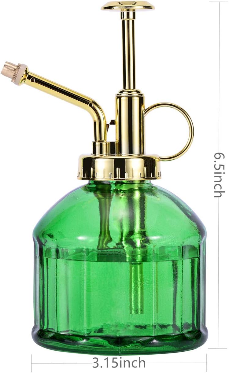 Glass Plant Mister Spray Bottle, 6.5" Green Glass Water Spray Bottle with Gold Top Pump Small Watering Can, Small Plant Sprayer Mister for Indoor Outdoor House Plant, Green+Gold (Green+Gold B)-VerdiqueGarden