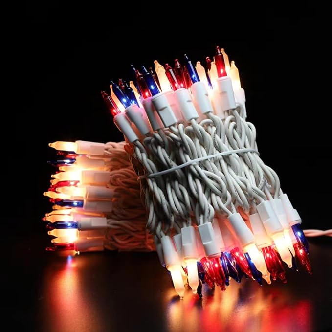 Ultra-Bright Connect End to End Red White and Blue Christmas Mini Light 100L 19.6Ft UL Listed Incandescent Bulb String Light Set for Indoor Outdoor National Day Garden Christmas Tree Decor-VerdiqueGarden