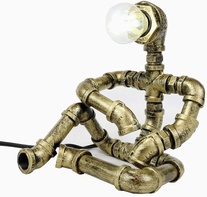 Steampunk Table Robot Lamps with 2 Bulbs,Retro Industrial Robot Desk Lamps Water Pipe Light for Office,Bedroom,Living Room in Bronze-VerdiqueGarden