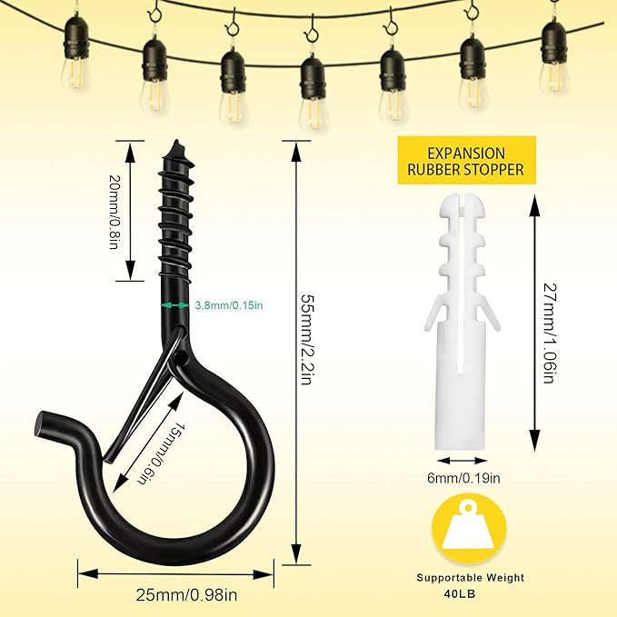 Hooks for Outdoor String Lights, 20 Pack Cup Screw Hooks for Hanging Plants Fairy Led Party Christmas Lights Garage Wind Chimes Black Q Hanger with Safety Buckle Design Easy to Release-VerdiqueGarden