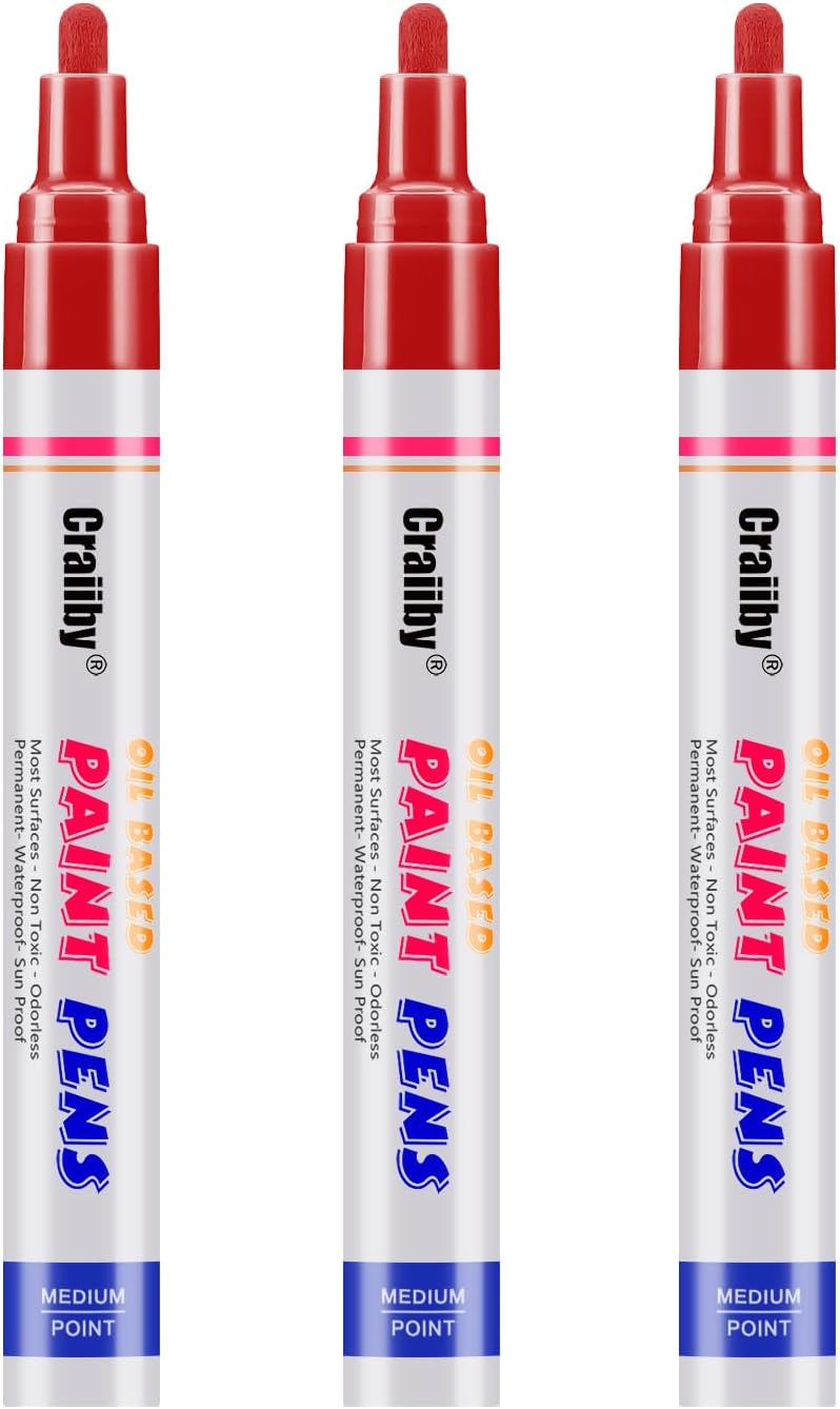 Red Paint Markers, 3 Pack Oil-Based Waterproof Quick Dry Permanent Paint Pen Set for Rocks Painting, Wood, Fabric, Plastic, Canvas, Glass, Mugs, Metal, Tire, Stone, DIY Craft-VerdiqueGarden
