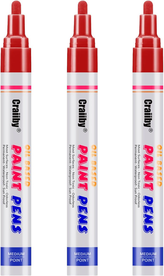 Red Paint Markers, 3 Pack Oil-Based Waterproof Quick Dry Permanent Paint Pen Set for Rocks Painting, Wood, Fabric, Plastic, Canvas, Glass, Mugs, Metal, Tire, Stone, DIY Craft-VerdiqueGarden