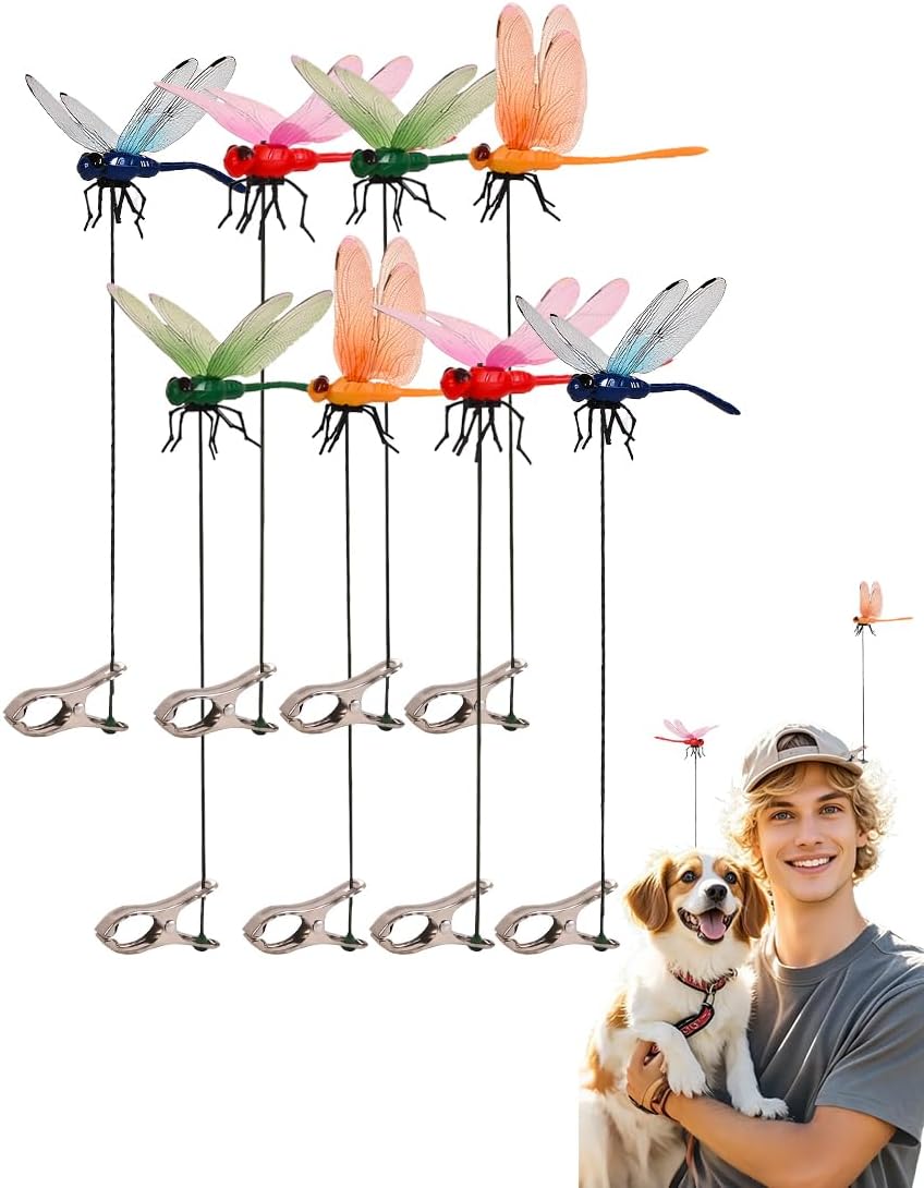 8 PCS Dragonfly Clips, 3D Outdoor Decor Fake on Dragonfly or Bugs Dragonfly Garden Stakes Gardening Decoration Insert Plaque Yard Ornaments Outdoors and Fly Deterrent Outdoor-VerdiqueGarden
