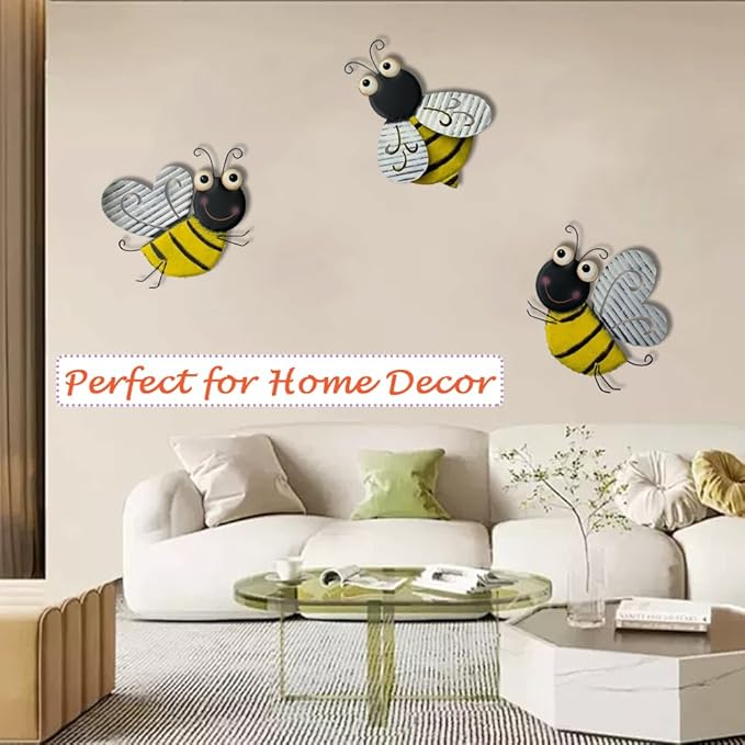 3 Pcs Metal Bee Wall Decor, Cute Bumble Bee Sculpture, Funny Animal Wall Decor - Yellow Bodies, Black Stripes, Large Eyes for Home Office Decor (Bee)-VerdiqueGarden