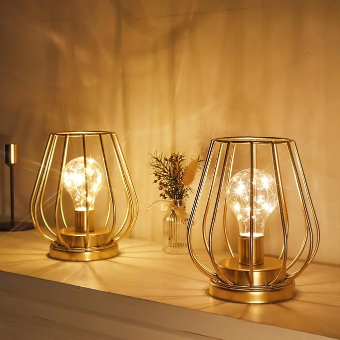 TRIROCKS Set of 2 Metal Battery Operated Lamp 7'' Tall Cage Shape Cordless Table Lamp Battery Lanterns with Warm Fairy Lights Bulb for Patio Garden Wedding Parties Indoor Outdoor(Gold)-VerdiqueGarden