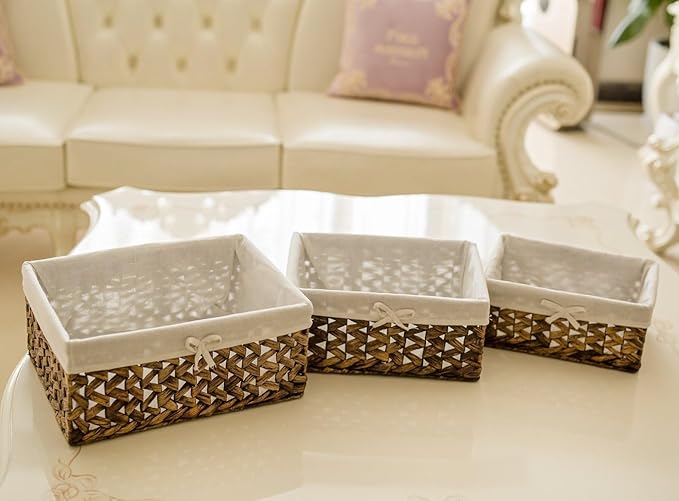 Rectangular Woven Seagrass Storage Bins with Handle,Kingwillow. (water hyacinth, Medium)-VerdiqueGarden