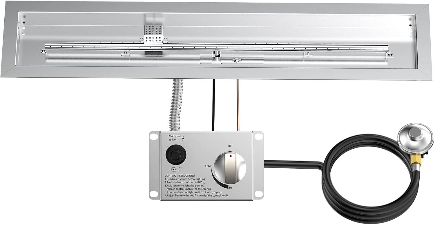 Skyflame 36" Linear Stainless Steel Fire Pit Drop-in Burner Kit with Flame Sensing, Electronic Spark Ignition, CSA Certified, and Propane Regulator Connector Hose Set for Propane Tank-VerdiqueGarden