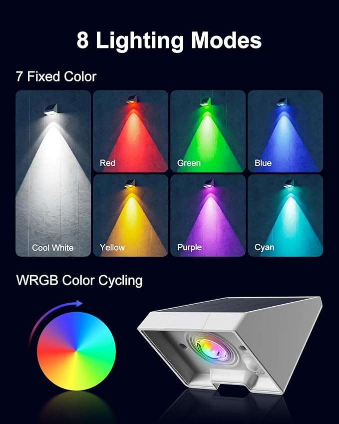 12 Pack Color Changing Solar Powered Fence Lights Outdoor Decorative LED Waterproof Yard Lighting for Outside Wall, Deck, House Patio, Rail, Backyard, 8 Colorful Modes, Easy Install (White Shell)-VerdiqueGarden