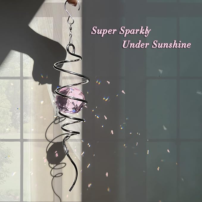 FONMY Gazing Ball Spiral Tail -Decorative Wind Spinner Sun Catcher Rainbow Maker 11 inch Tail and 2 inch Pink Crystal Orb. Indoor Outdoor Garden Decoration -13 inch Height-VerdiqueGarden