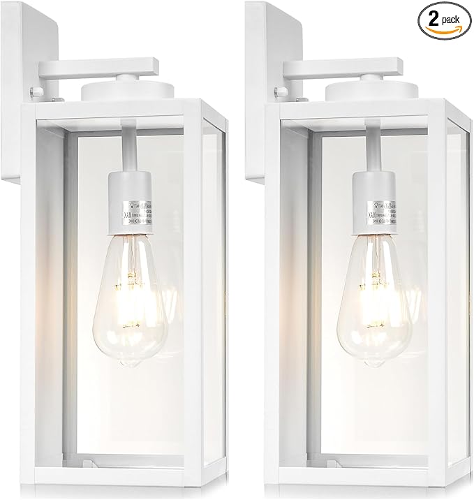 16-inch Large Outdoor Wall Light Fixture, White Exterior Wall Lantern Waterproof, Farmhouse Porch Sconce Lighting with Glass, Modern Outside Lights for House, Garage, Patio Lamp, 2 Packs-VerdiqueGarden