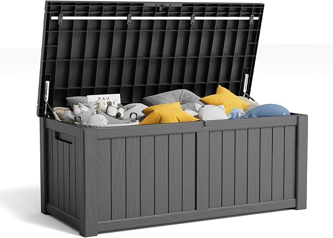 120 Gallon Resin Deck Box, Lockable Patio Outdoor Storage Box for Furniture, Garden Tools and Tools Storage, Waterproof Outside Storage Boxes - Black-VerdiqueGarden