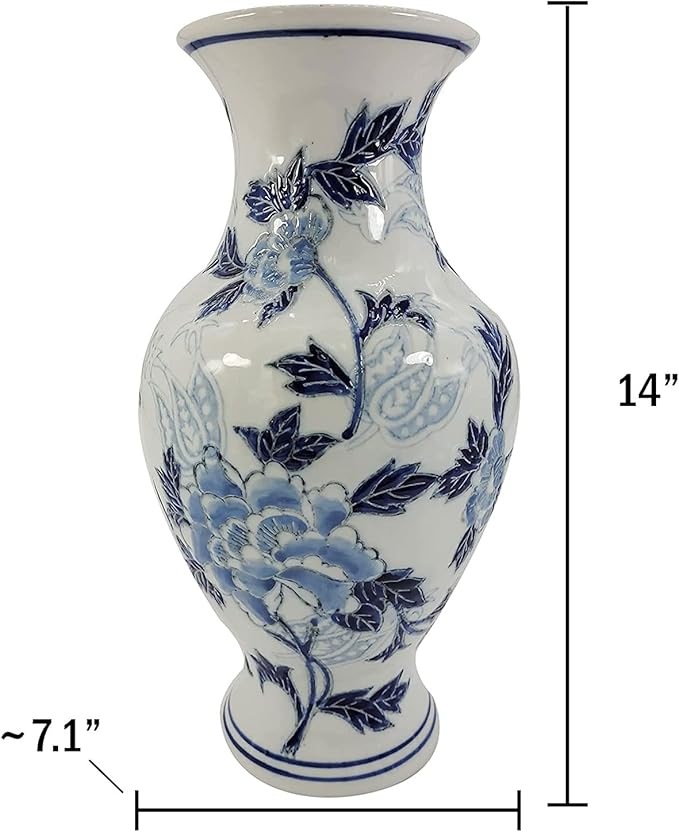 Galt International Blue and White Floral Chinoiserie Ceramic Vase 14" - Hand Painted Antique Style Porcelain Flower Bottle Fishtail Porcelain Chinese Vase for Home Decor Centerpiece-VerdiqueGarden