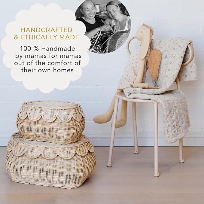 BEBE BASK The Original Scalloped Basket Set Of 2 – Small Scallop Basket - 15 x 10 x 6 In - Hand-Woven & Award-Winning - Elegant Wicker With Scalloped Edge Lid - Nursery Storage - (Natural)-VerdiqueGarden
