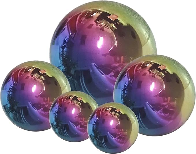 Nerien Gazing Ball, Stainless Steel Garden Mirror Globe, Polished Ornament Sphere, Hollow Floating Reflective Hemisphere, for Home Outdoor Pond Housewarming Swimming Pool Decoration, Rainbow, 5Pcs Mix-VerdiqueGarden