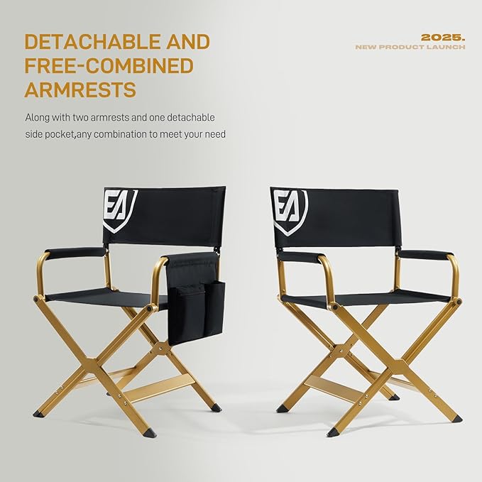 EVER ADVANCED Aluminum Directors Chair, Folding Studio Movie Chairs Camping Event Vendor Chair, 19" Seat Height Black Fabric/Golden Frame, Support 350lbs-VerdiqueGarden