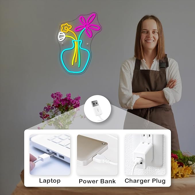 Flower Vase Neon Sign,Dimmable Neon Lights,Neon Flowers Sign for Wall Decor,Anime Flower Shape USB Connectivity Light Up Neon for Kids Room Girls Room Bar Birthday Party-VerdiqueGarden