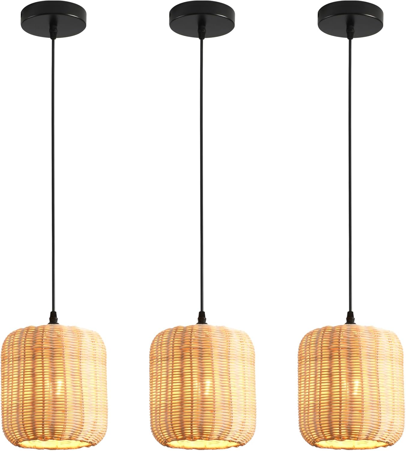 TeruTeru Ji Kaikang 3-Pack Mini Rattan Pendant Light,7.87" Rustic Bamboo Hanging Light Hand-Woven Rattan Chandelier for Dining Living Bedroom Kitchen Farmhouse-VerdiqueGarden