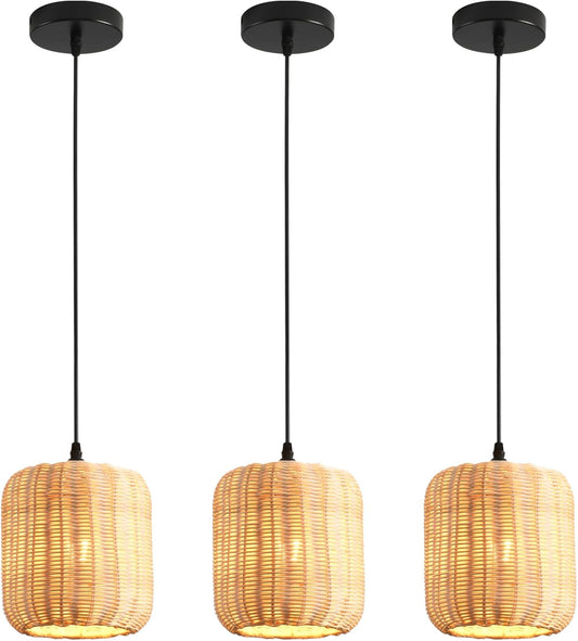 TeruTeru Ji Kaikang 3-Pack Mini Rattan Pendant Light,7.87" Rustic Bamboo Hanging Light Hand-Woven Rattan Chandelier for Dining Living Bedroom Kitchen Farmhouse-VerdiqueGarden