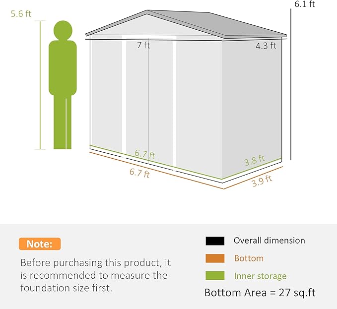 Outsunny 7' x 4' Outdoor Storage Shed, Garden Tool Metal Shed with Foundation Kit, Double Lockable Door, Air Vents and Sloping Roof, for Backyard, Patio, Lawn, Dark Gray-VerdiqueGarden