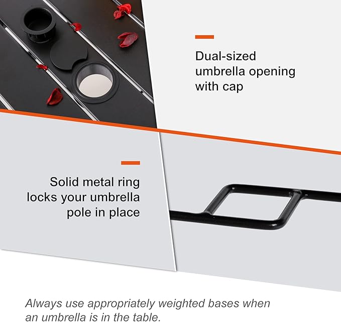 Round Outdoor Dining Table, 48-inch All-Weather Patio Table with Adjustable Umbrella Hole for Deck Lawn Garden Backyard Balcony Deck, Black Metal Frame Slatted Tabletop-VerdiqueGarden